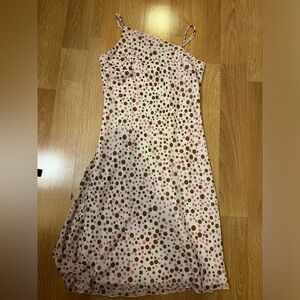 Women’s white dress with pink and brown polka dots